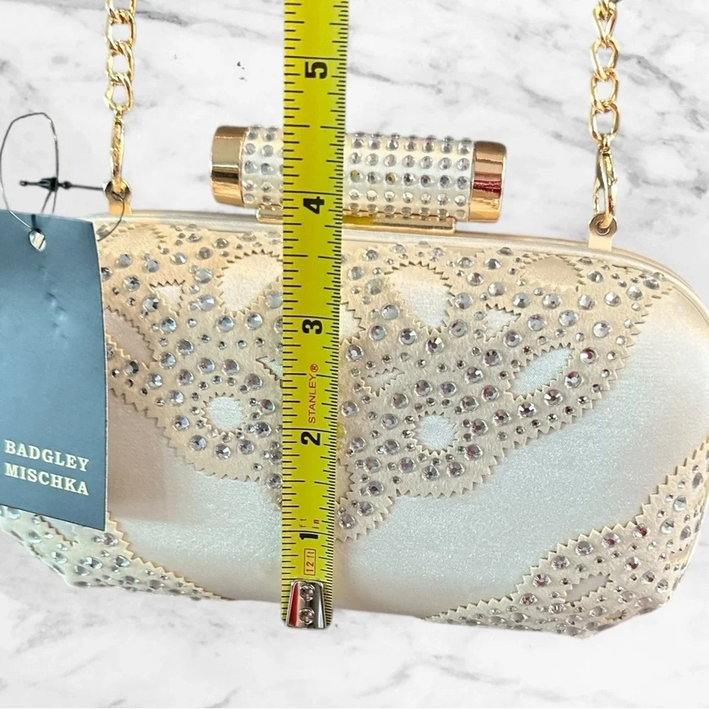 Badgley Mischka Off White Satin Rhinestone Clutch Evening Handbag Chain - Picture 9 of 16